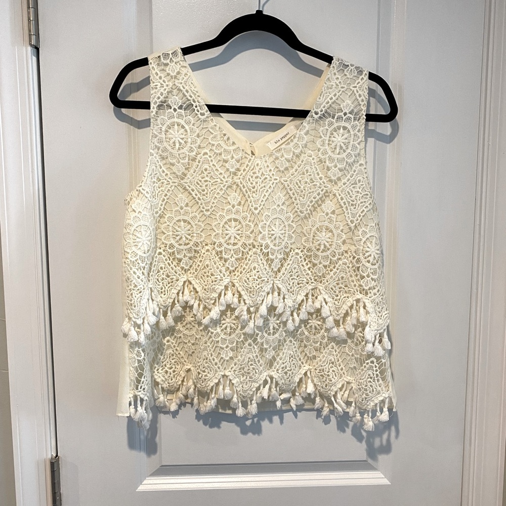 Blu Pepper Bohemian Crochet Embroidered Crop Top Tassels Blouse Size Medium